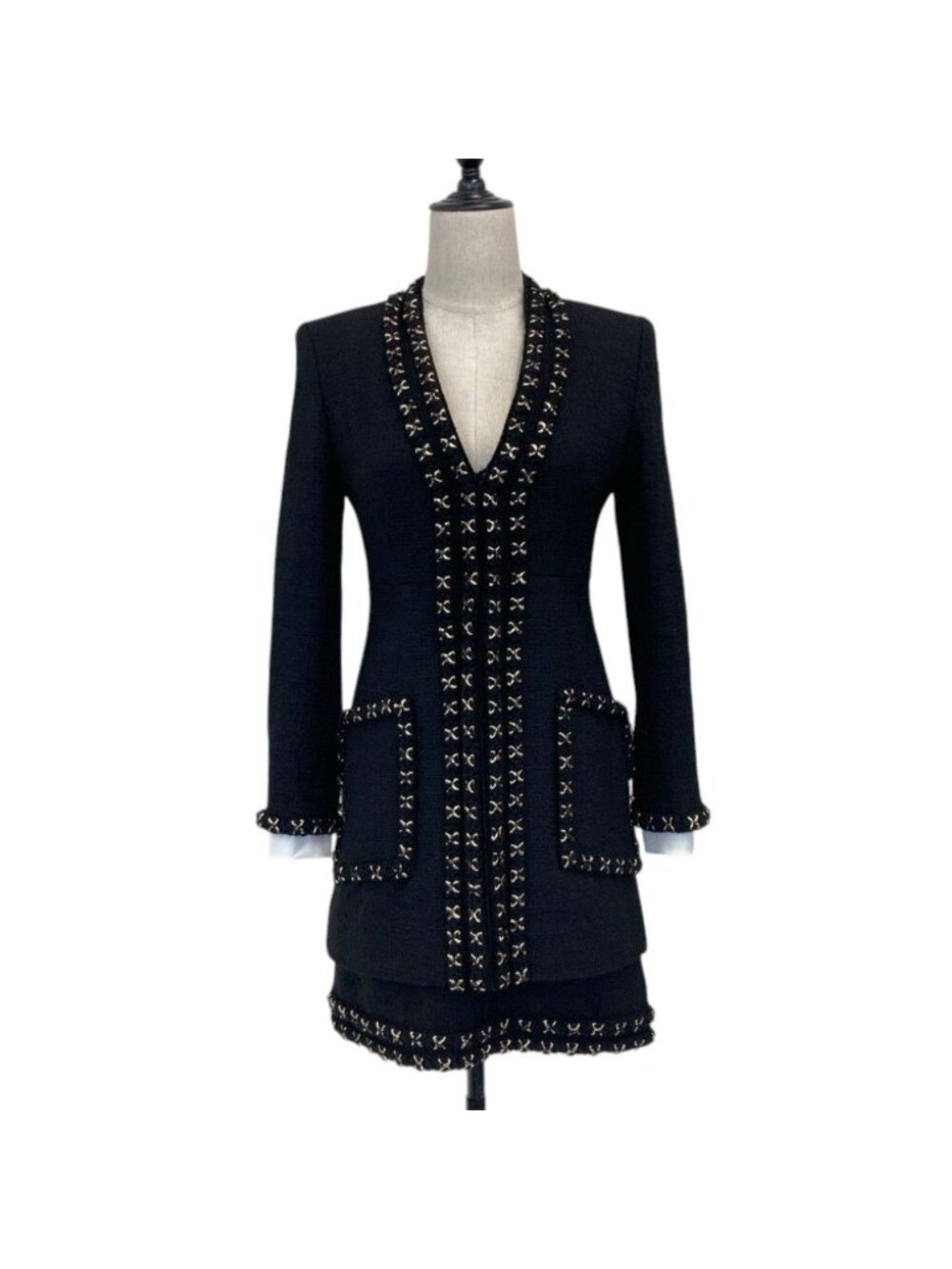 Chanel Metiers D'art Collection Embroidered Tweed Dress Jacket Set Black 34